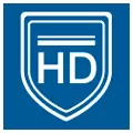 Quadratisches Icon mit dem blauen Umriss eines Wappens und den Buchstaben "HD" in der Mitte
